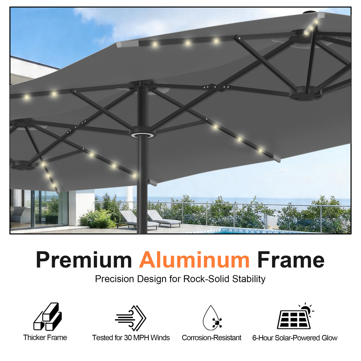 Patioslife Aegis Premium 4.6m Motorized Cantilever Patio Umbrella — Double-Sided, Remote Control, UPF 50+, Solar LED Lights & Windproof Frame