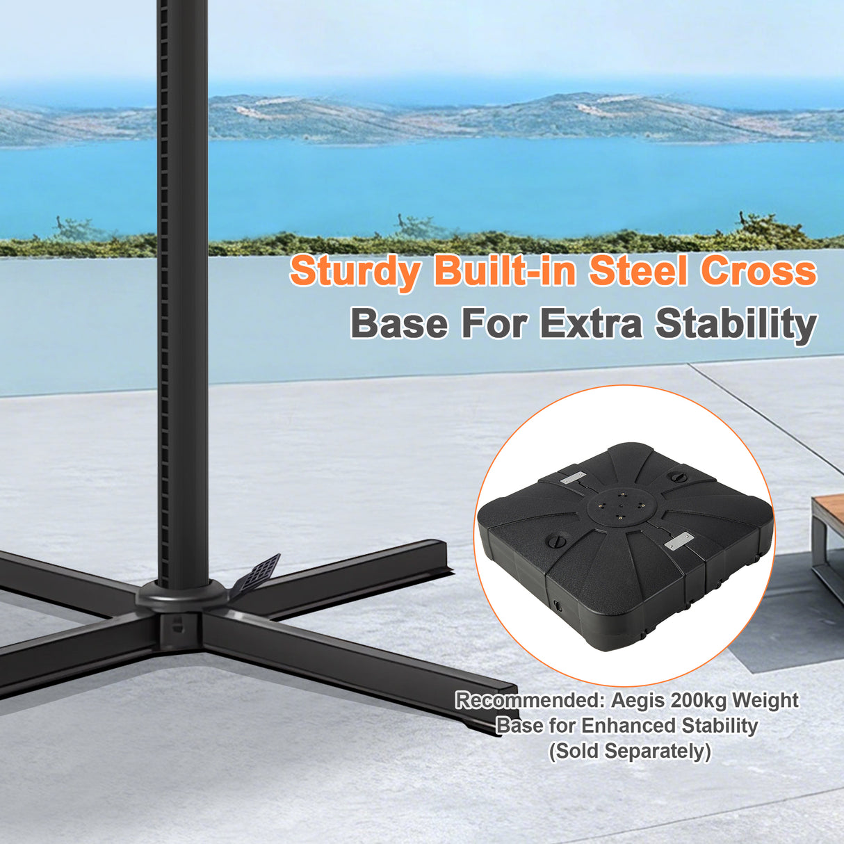 Patioslife cantilever umbrella cross base detail with recommended weight base on a modern patio