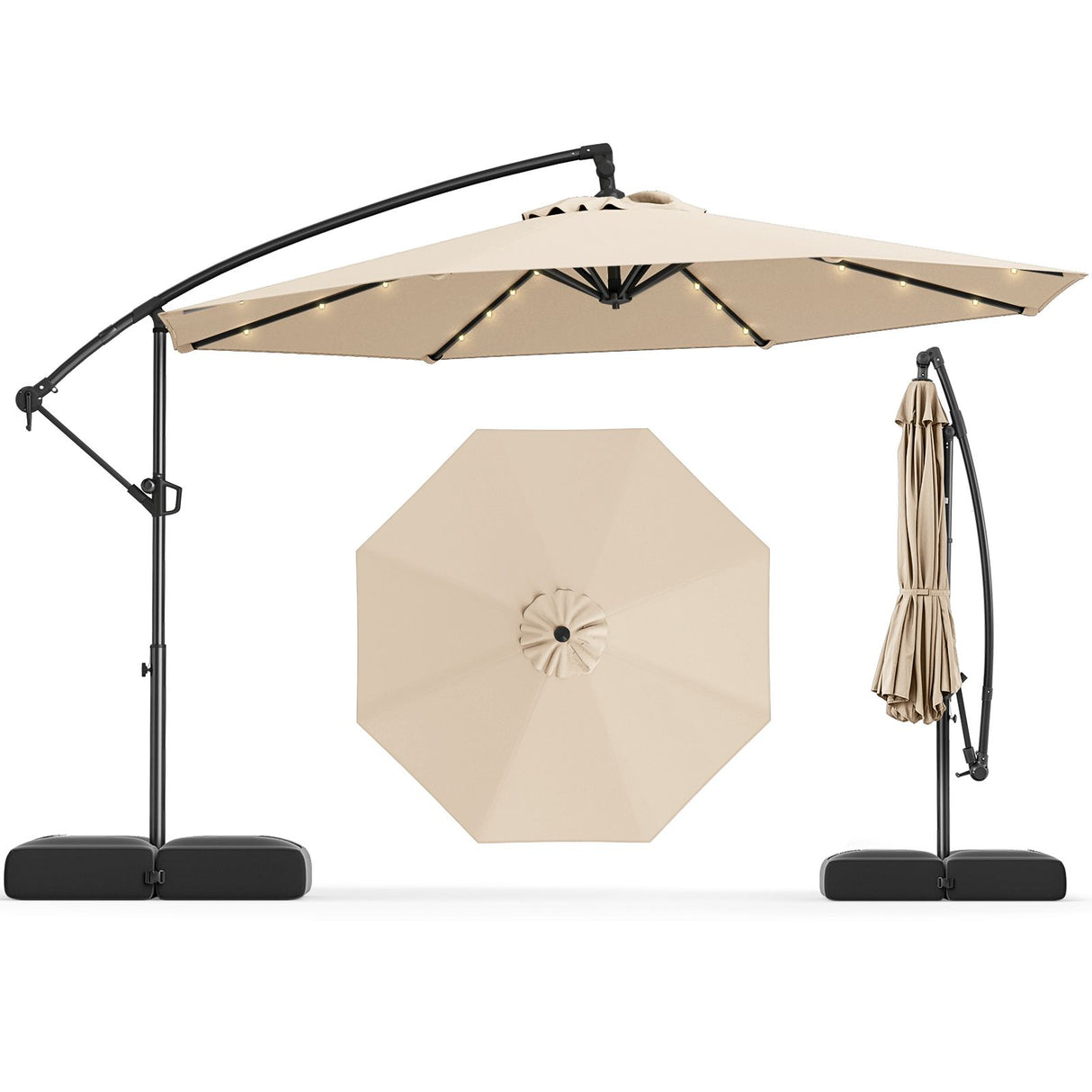 Patioslife Aegis Premium cream cantilever umbrella product view with open canopy, closed umbrella and top view