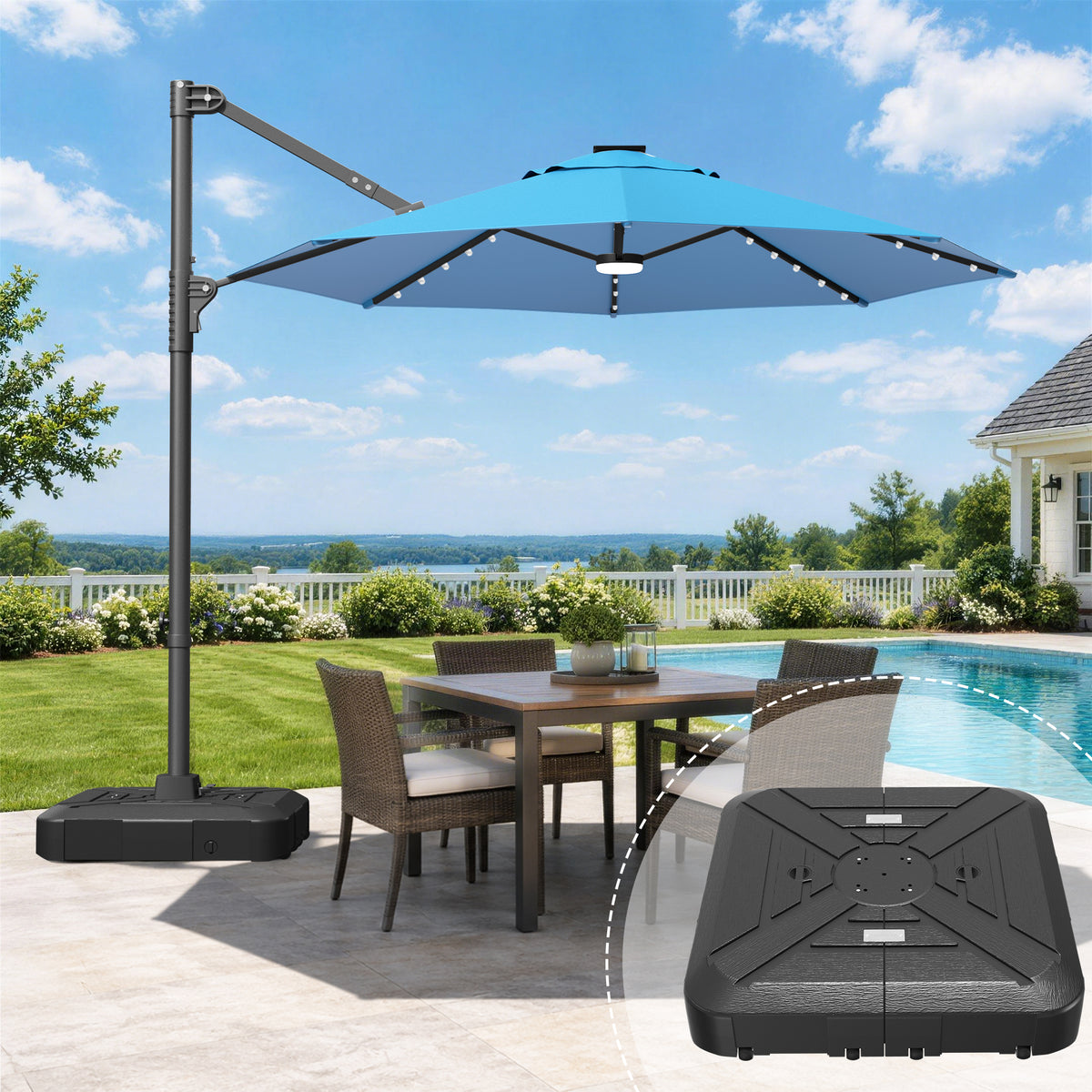 Patioslife Aegis Pro All-in-One Shade Round Cantilever Patio Umbrella with solar LED lights | Premium Cover | Large Base