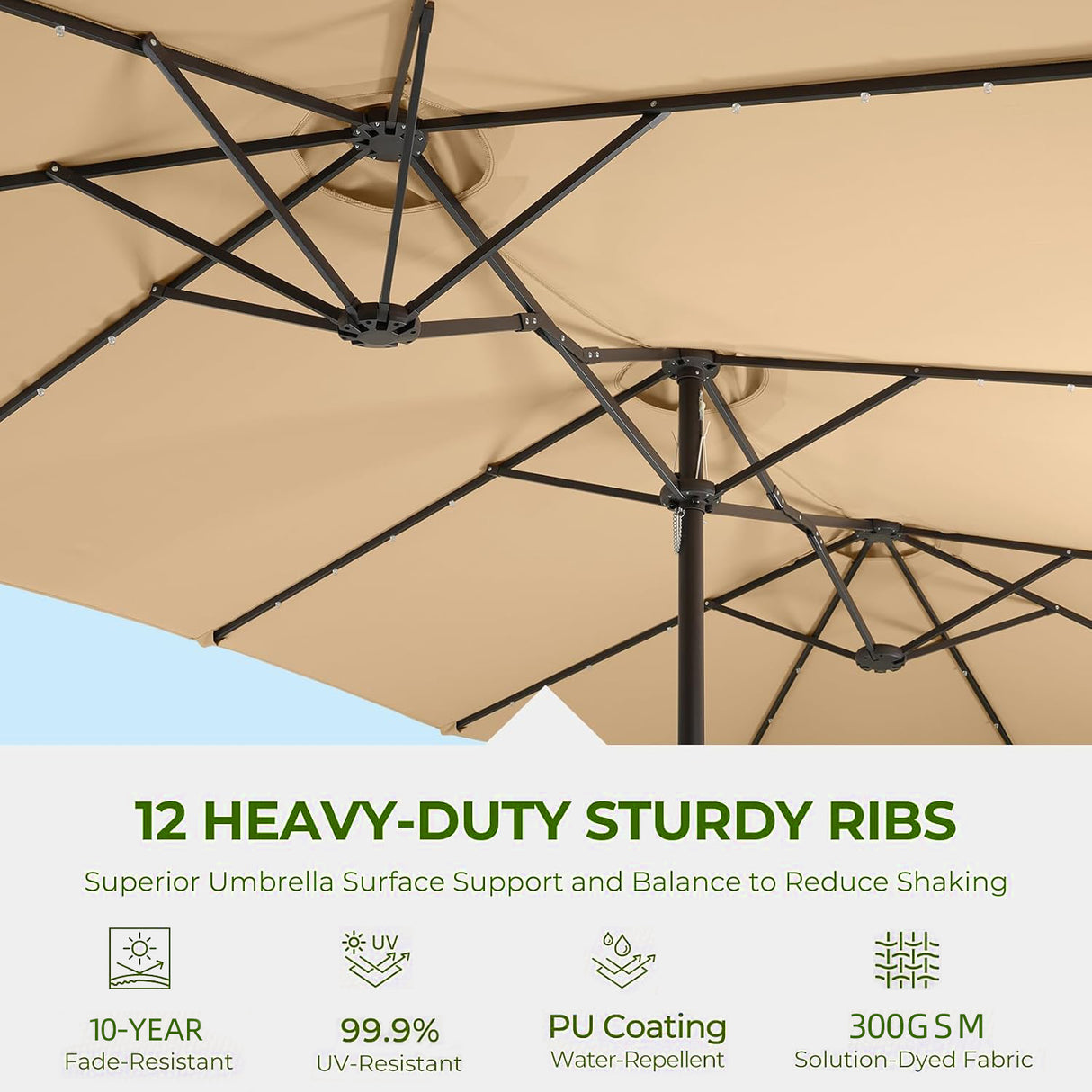 Close-up underside view of Patioslife Horizon Haven double-sided patio umbrella showing 12 heavy-duty sturdy ribs and durable canopy fabric