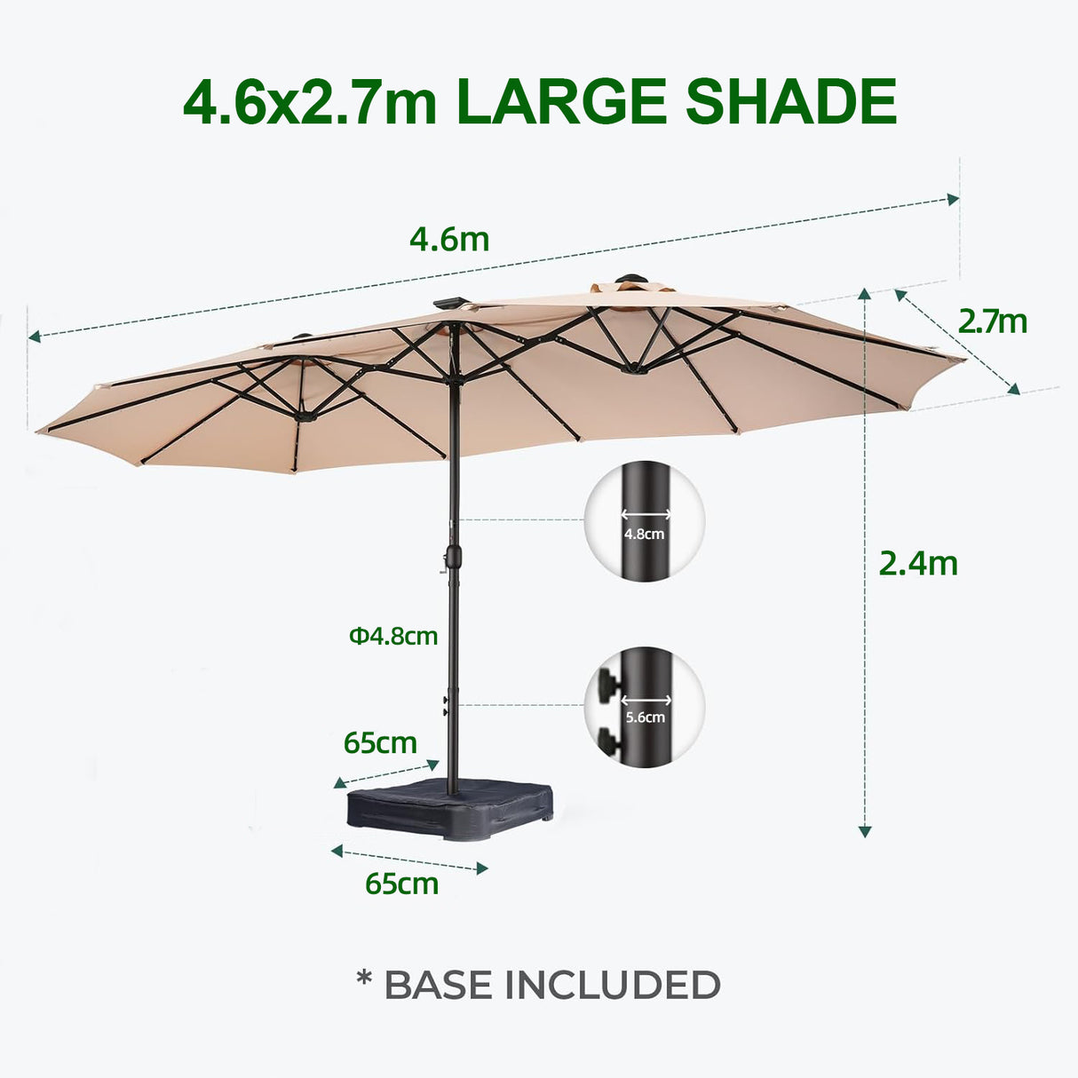 Dimension chart of Patioslife Horizon Haven double-sided patio umbrella with base, showing 4.6 x 2.7m size and overall height details