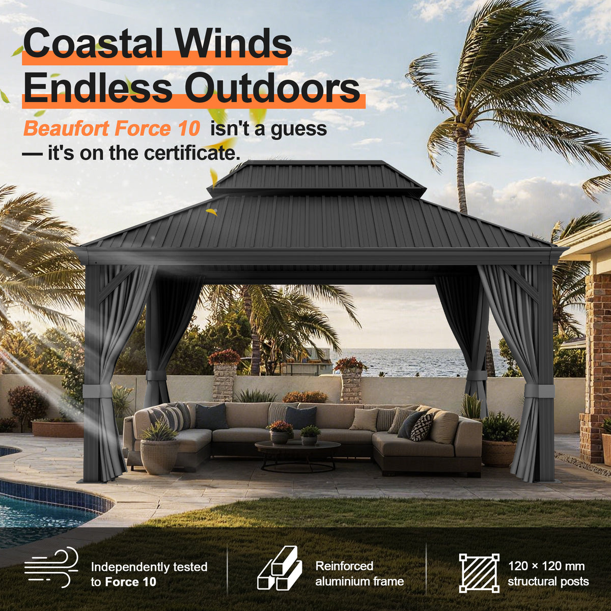 Patioslife 3.0 x 3.65m Luxury Haven Coastal Hardtop Gazebo | Designed for Australian Outdoor Conditions with 120×120mm Aluminium Posts, Drainage Gutters, Double Vented Roof & Curtains