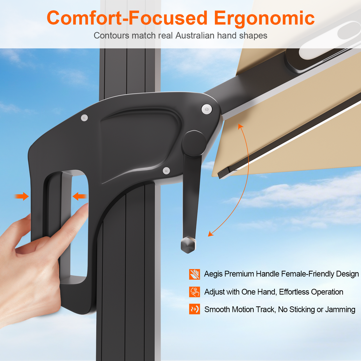 Patioslife Aegis Premium cantilever umbrella comfort focused ergonomic handle for easy one hand adjustment