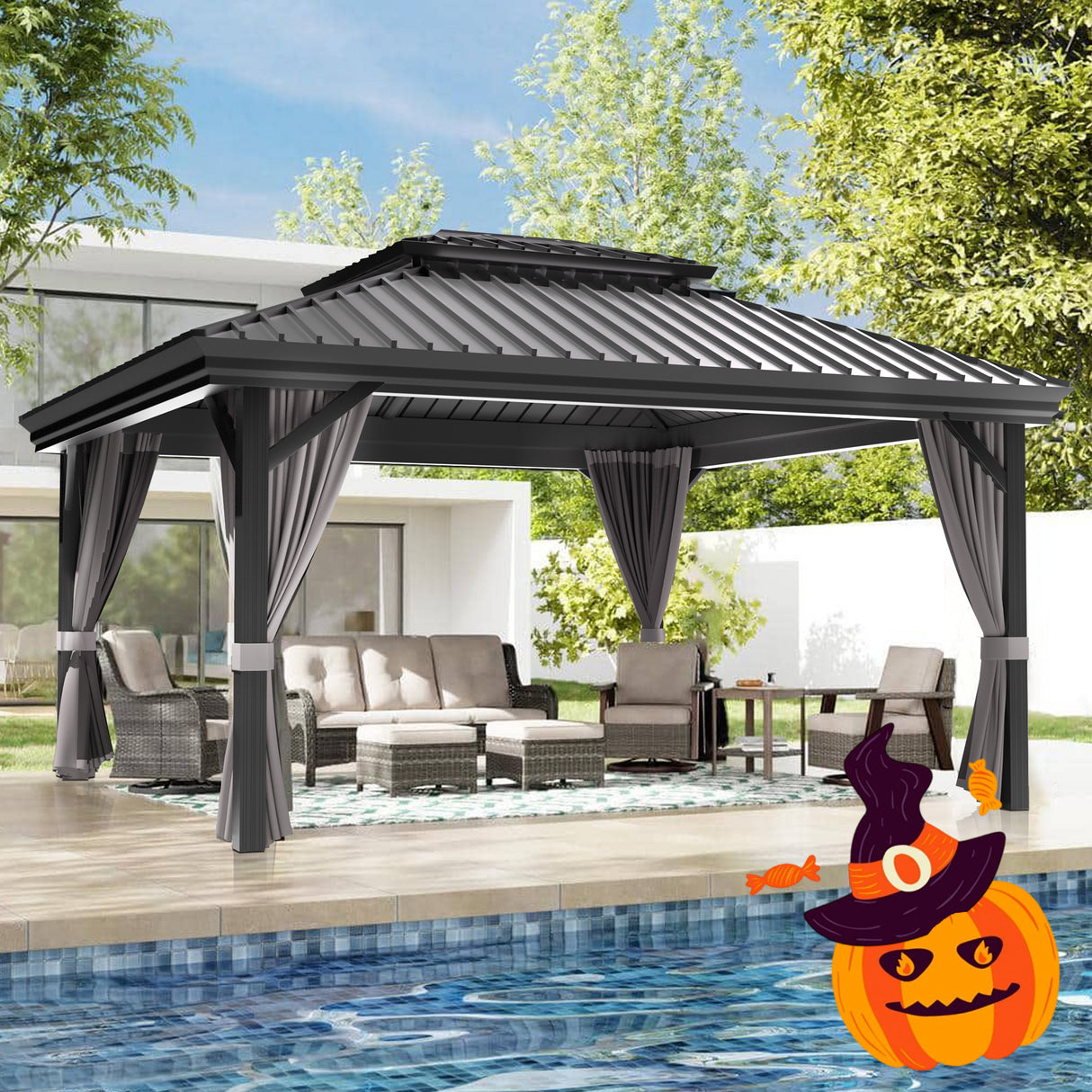 Patioslife Haven | Hardtop Gazebo with Heavy Duty Aluminum Frame, Double Vented Roof & Curtains, Patio Pergola for Garden or Backyard