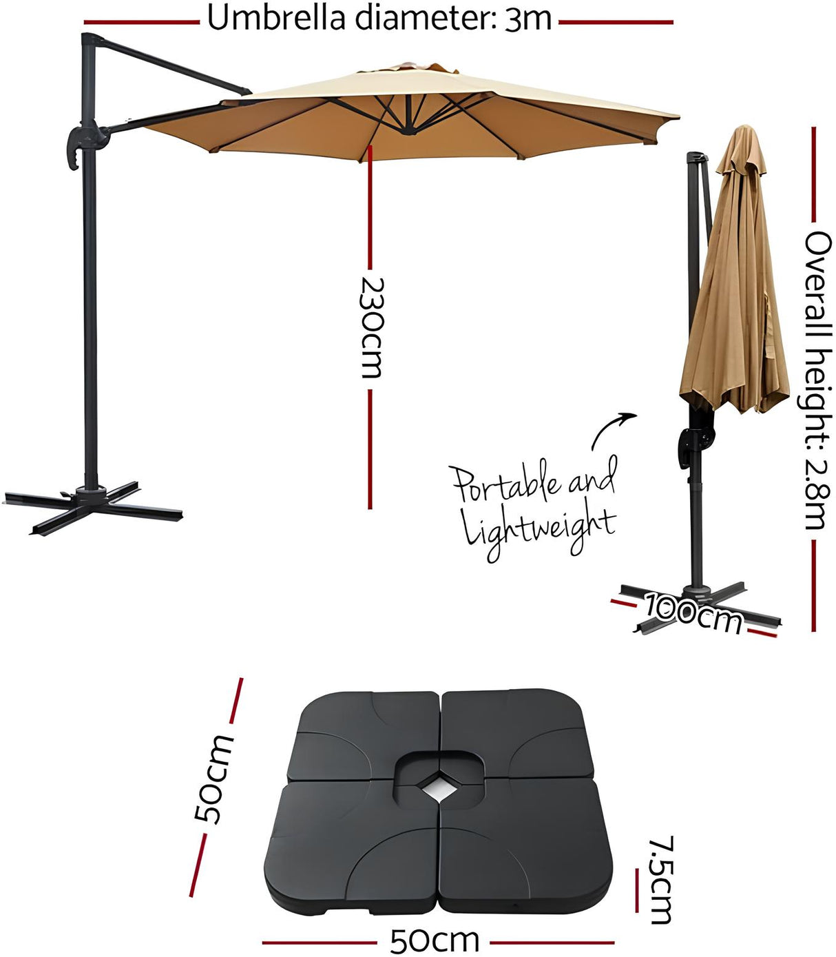 Patioslife 3m diameter cantilever outdoor umbrella size chart with foldable design and heavy-duty base pod dimensions