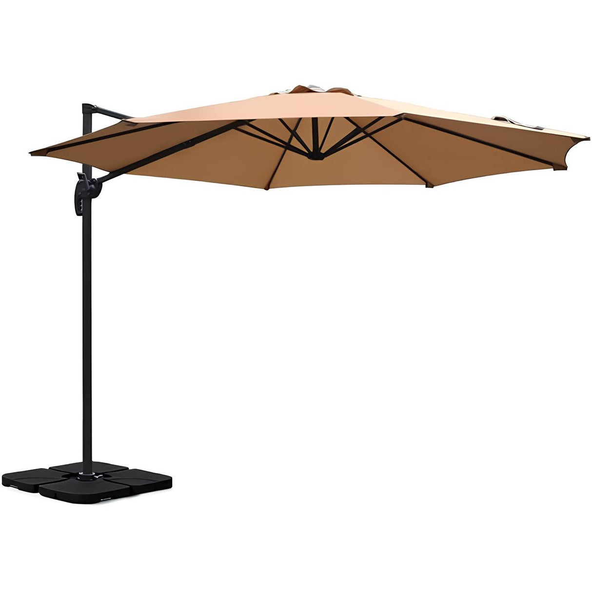 Patioslife 3m cantilever outdoor umbrella with tan UV-resistant canopy, heavy-duty base pod and adjustable patio shade design