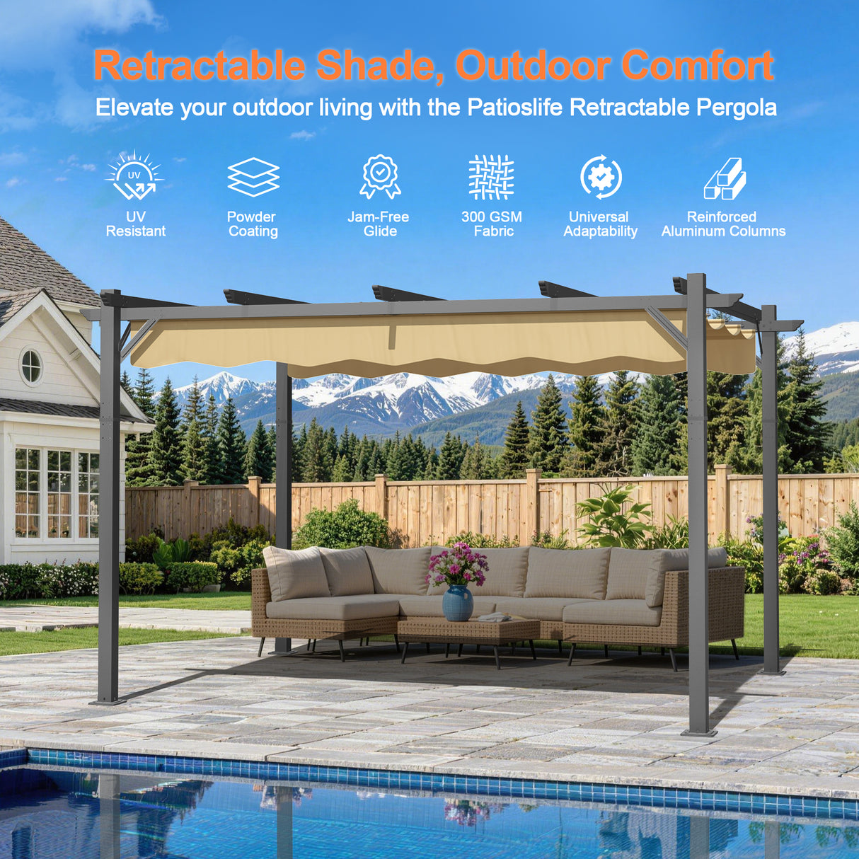 Patioslife 3x3m Retractable Pergola Beige Canopy Grey Frame for Australian Poolside Patio