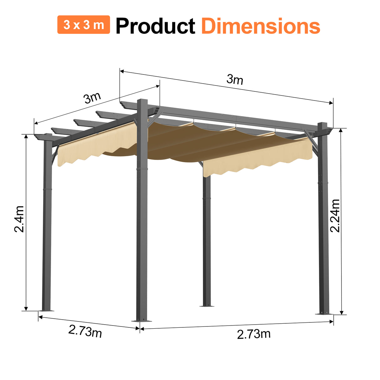 Patioslife 3x3m Retractable Pergola Beige Canopy Grey Frame Product Dimensions for Australian Backyard