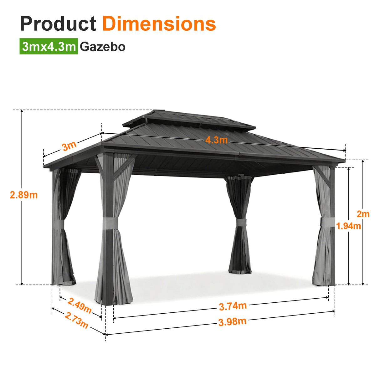 Patioslife 3x4.3m Luxury Haven Hardtop Gazebo Product Dimensions with Double Vented Roof