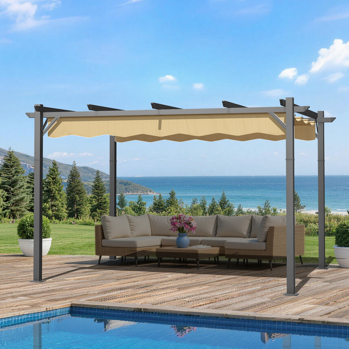 Patioslife 3x4m Retractable Pergola Beige Canopy Grey Frame for Australian Poolside Deck