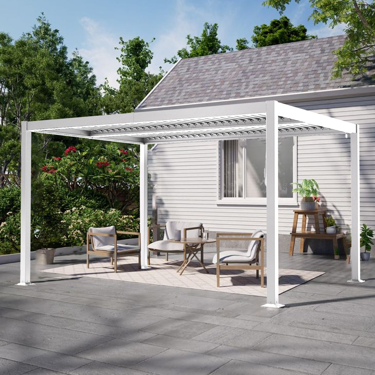 Patioslife 3 x 4m white heavy-duty aluminium louvered pergola beside a house with outdoor chairs and patio table