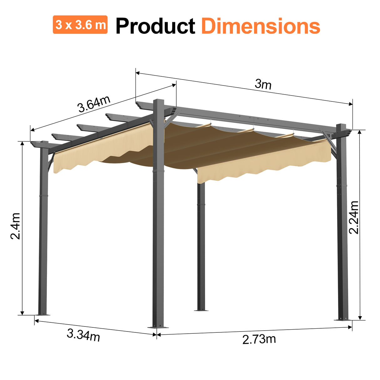 Patioslife 3x3.6m Retractable Pergola Beige Canopy Grey Frame Product Dimensions for Australian Patio
