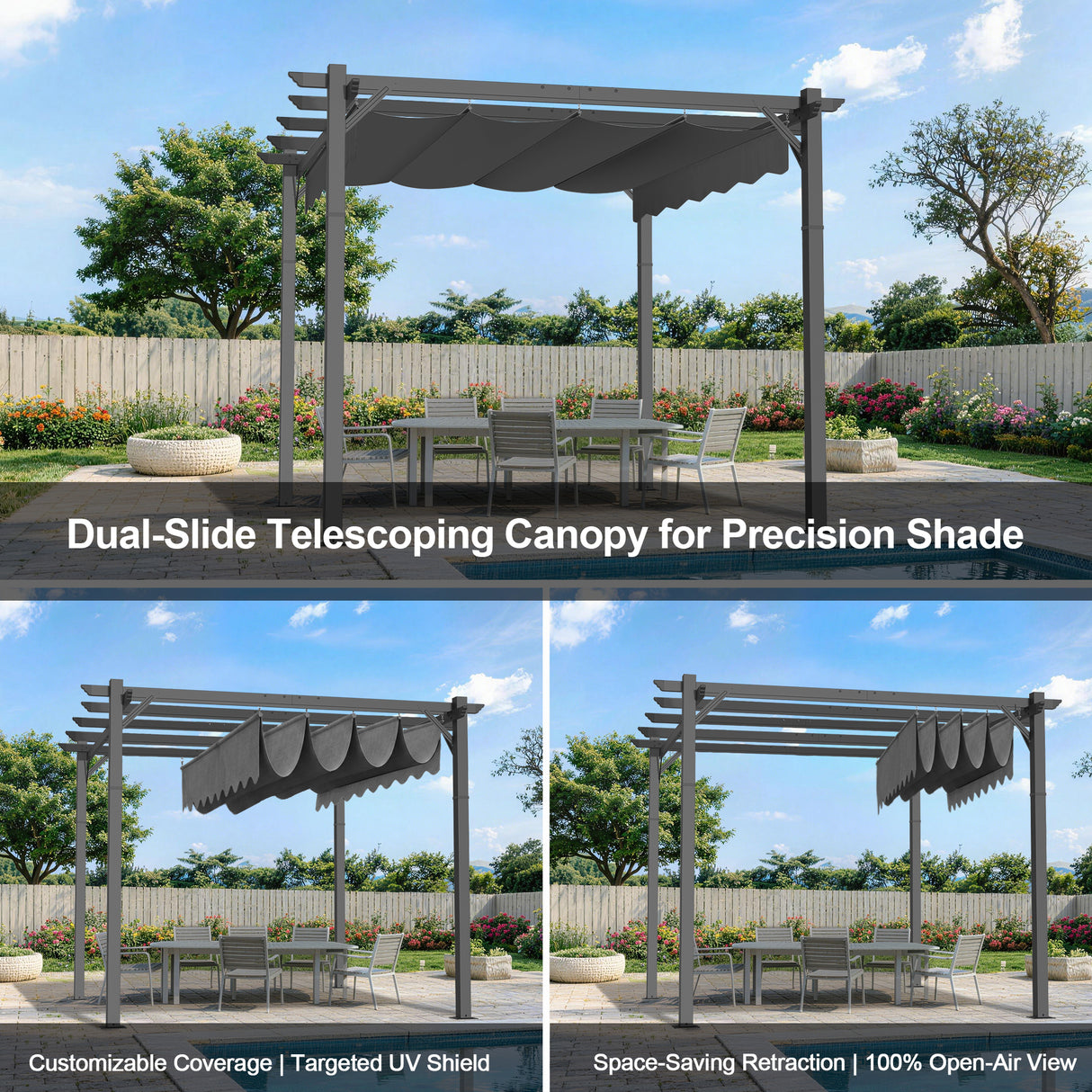 Patioslife Retractable Pergola Charcoal Canopy Dual Slide Telescoping Shade for Australian Patio