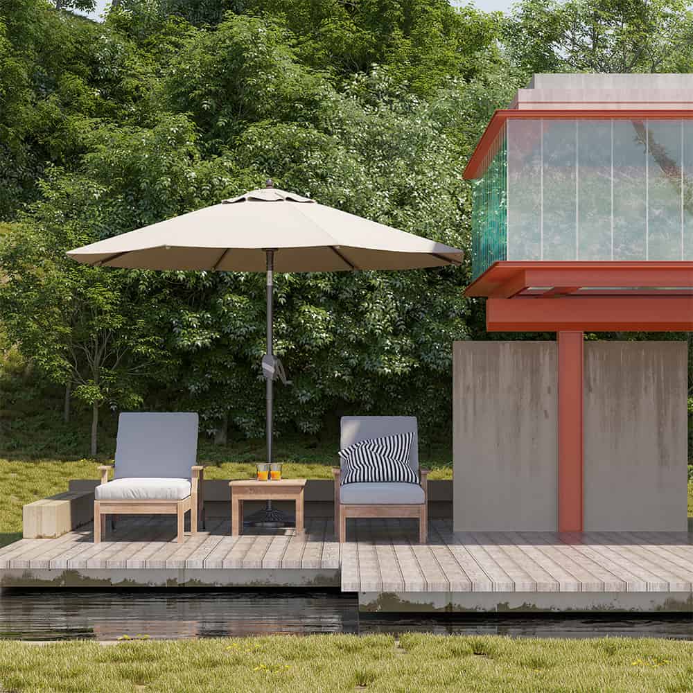 Patioslife Solara cream market umbrella on a lakeside patio with lounge chairs and modern outdoor furniture