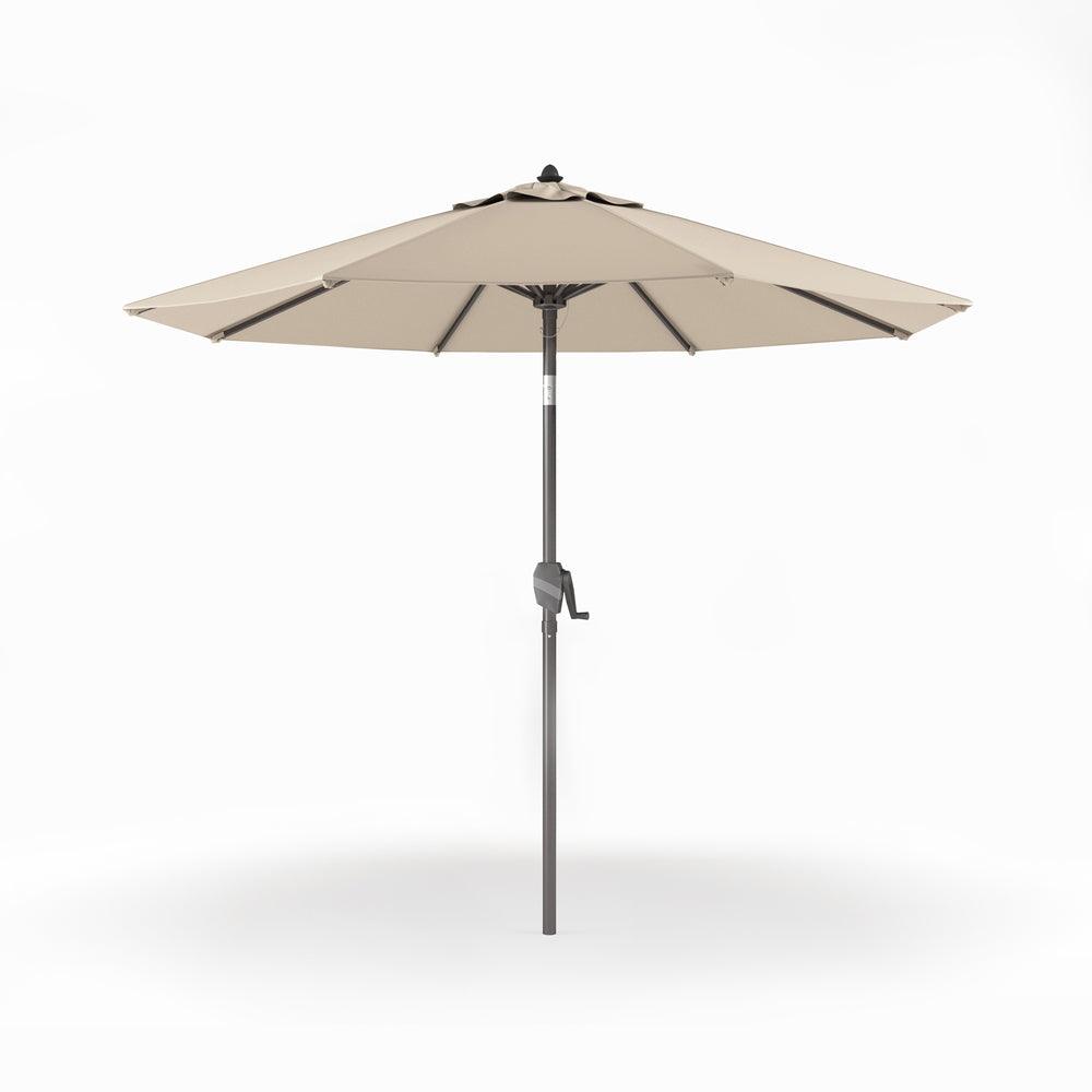 Patioslife Solara tan market umbrella with crank handle, reinforced aluminium frame and UV-resistant outdoor canopy