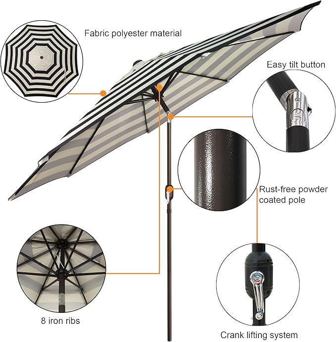 Patioslife Market Breeze Outdoor Umbrella 2.0 Black and White Stripe with 8 Rib Crank and Tilt Design
