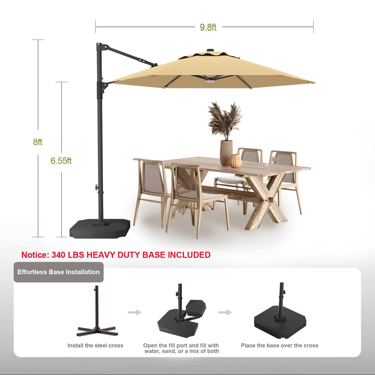 Patioslife Aegis Pro Round Cantilever Patio Umbrella Tan Base Dimensions and Easy Installation