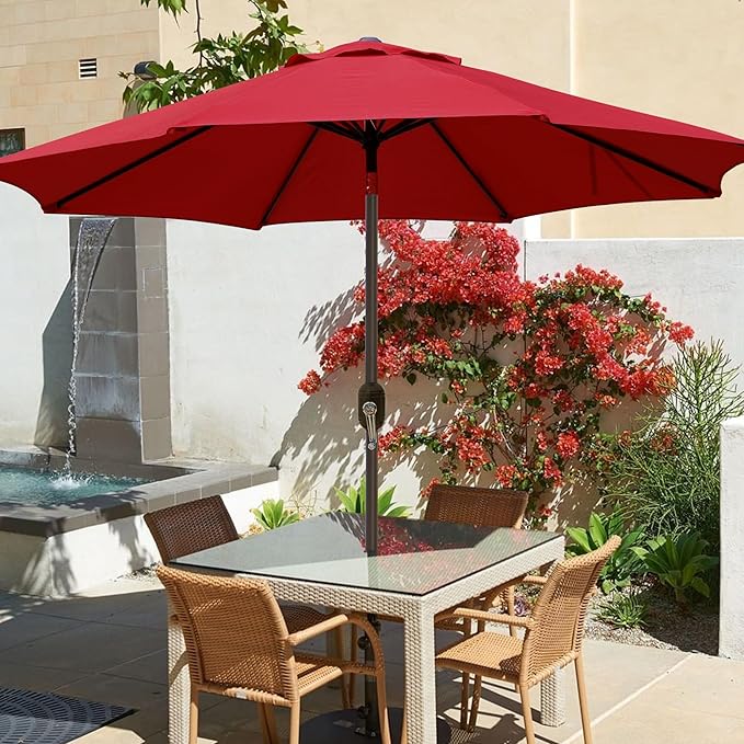 Patioslife Market Breeze red outdoor umbrella over patio dining set for backyard sun protection