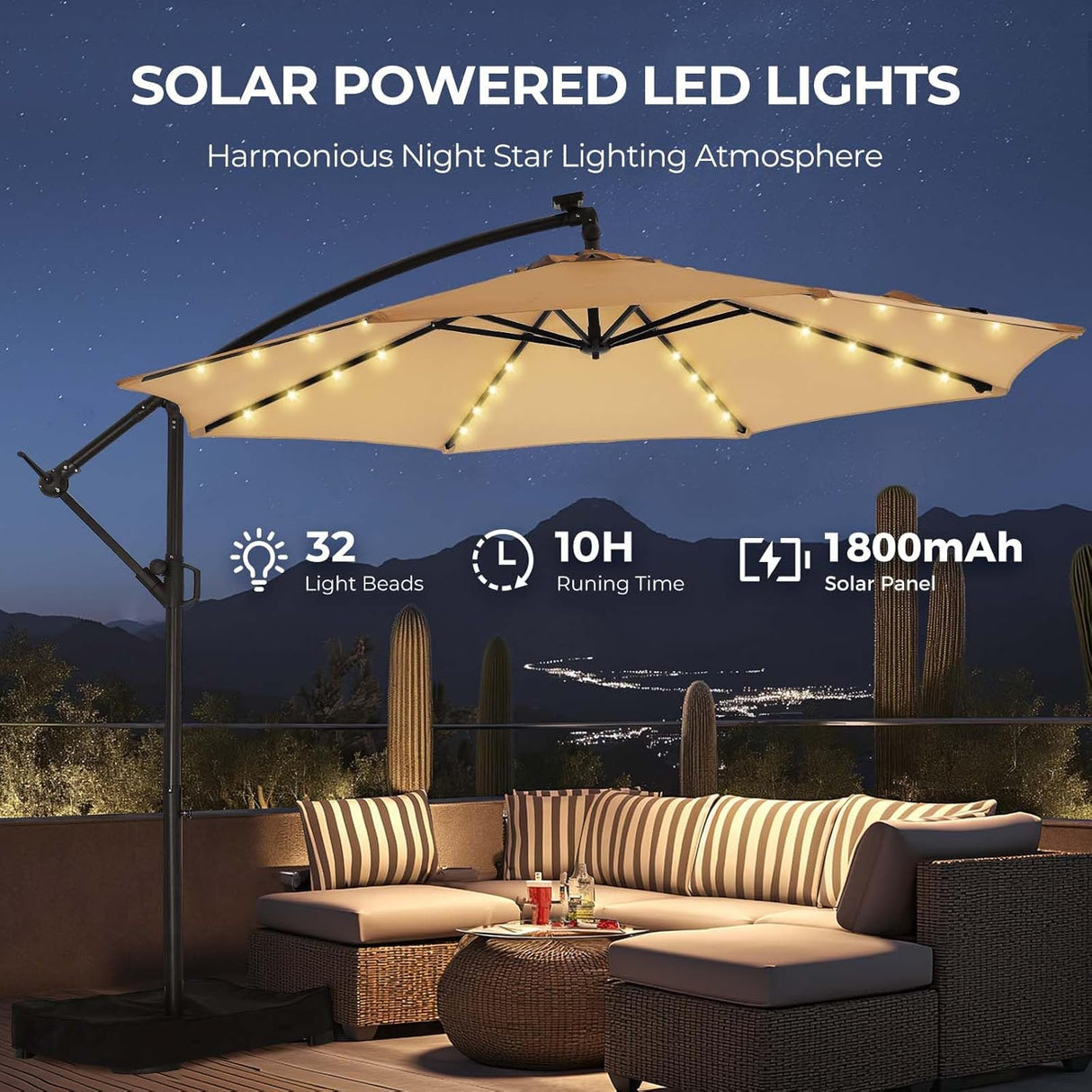 Patioslife Aegis Premium solar powered LED cantilever umbrella creating warm evening light for outdoor lounge seating