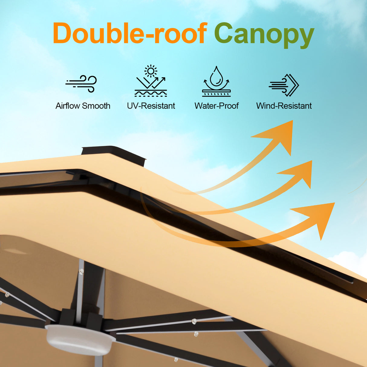 Patioslife Tan cantilever umbrella double roof canopy showing airflow and wind resistant design
