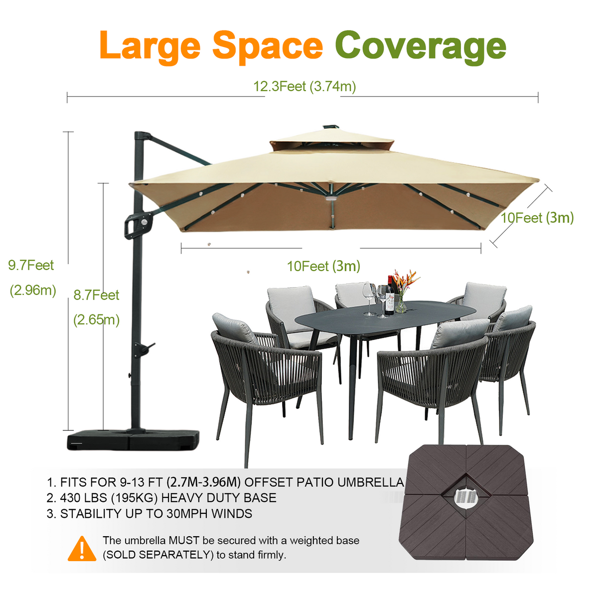 Patioslife Tan cantilever umbrella providing large shade coverage over outdoor dining table and chairs