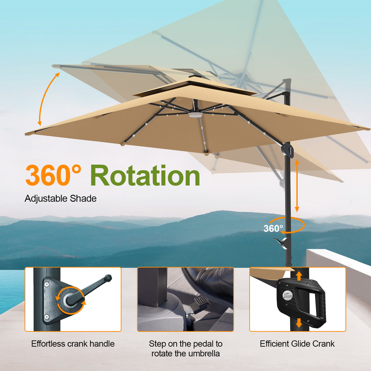 Patioslife Tan LED cantilever umbrella showing 360 degree rotation and adjustable shade on a patio with mountain view