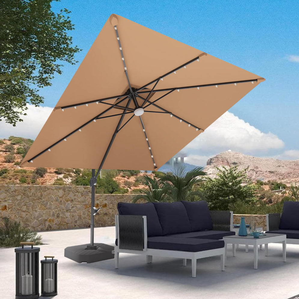 Patioslife 3x3m Tan LED cantilever umbrella shading outdoor lounge furniture on a sunny patio with mountain view