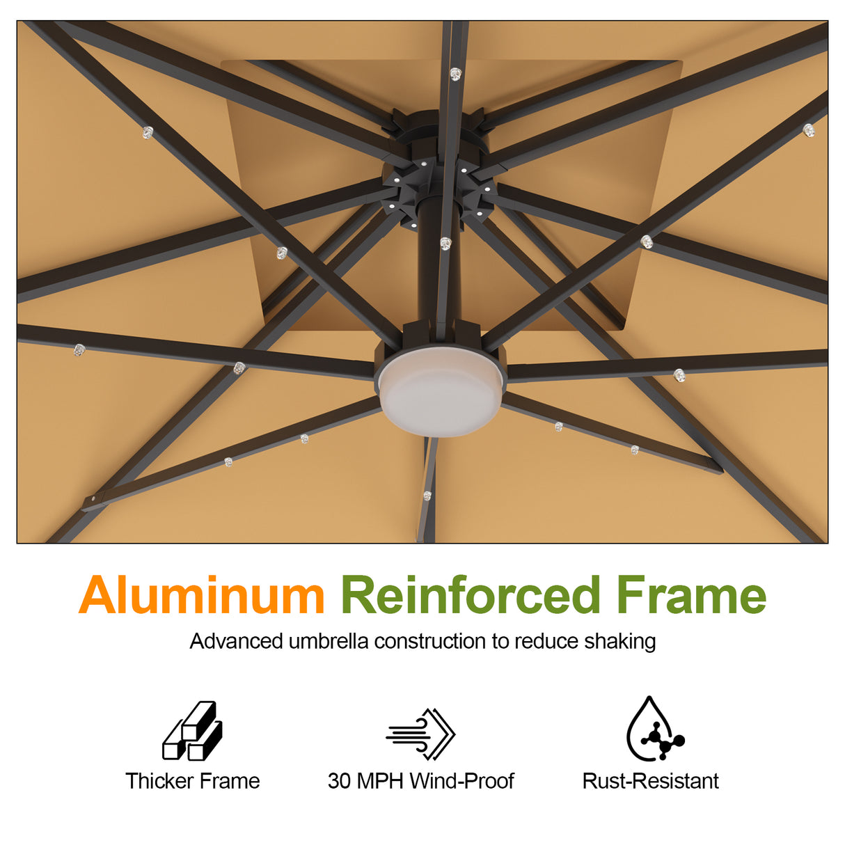 Patioslife Tan LED cantilever umbrella showing reinforced aluminium frame and rust resistant ribs