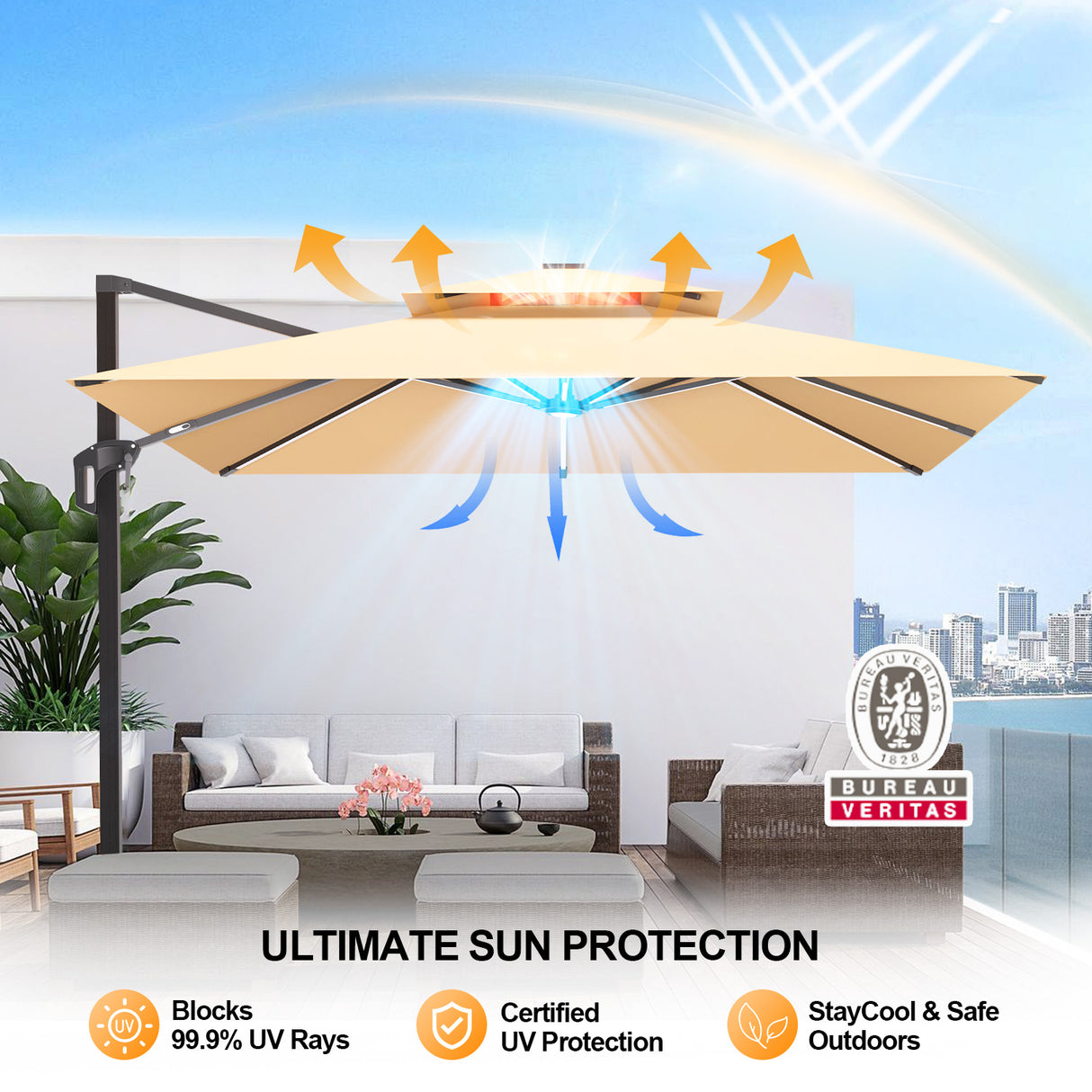 Patioslife Aegis Premium cantilever umbrella with double top vent and UV protection for safe outdoor shade on a modern balcony