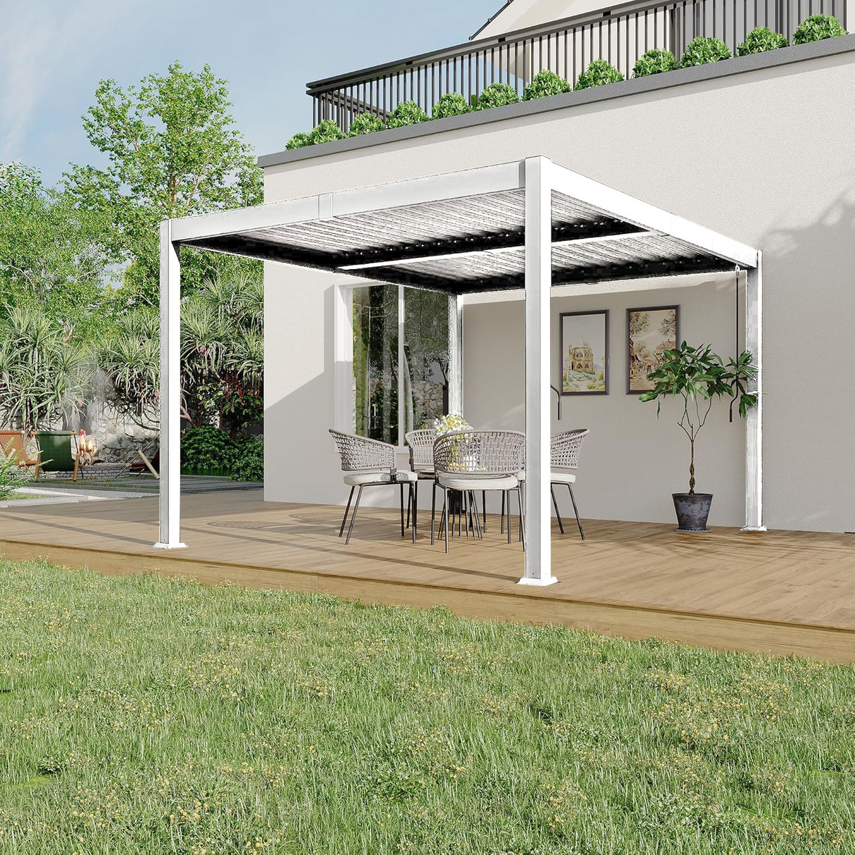 Patioslife 3 x 3m white aluminium pergola with adjustable louvers covering an outdoor dining set on a wooden deck