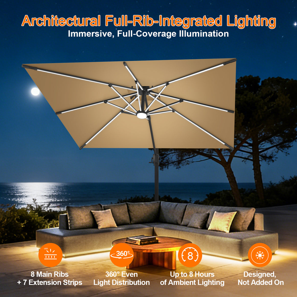 Patioslife Aegis Premium Cantilever Umbrella with Full-Rib LED Strip Lighting, Fibreglass Ribs, Powder-Coated Aluminium Pole— Luxury Garden & Patio Shade