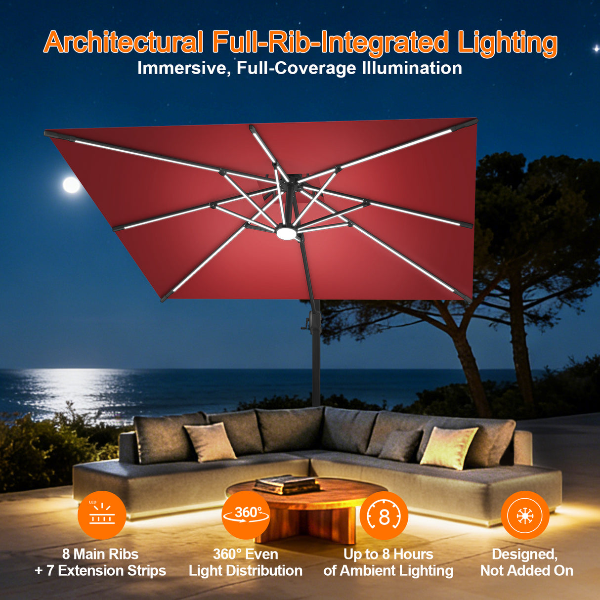 Patioslife Aegis Premium Cantilever Umbrella with Full-Rib LED Strip Lighting, Fibreglass Ribs, Powder-Coated Aluminium Pole— Luxury Garden & Patio Shade