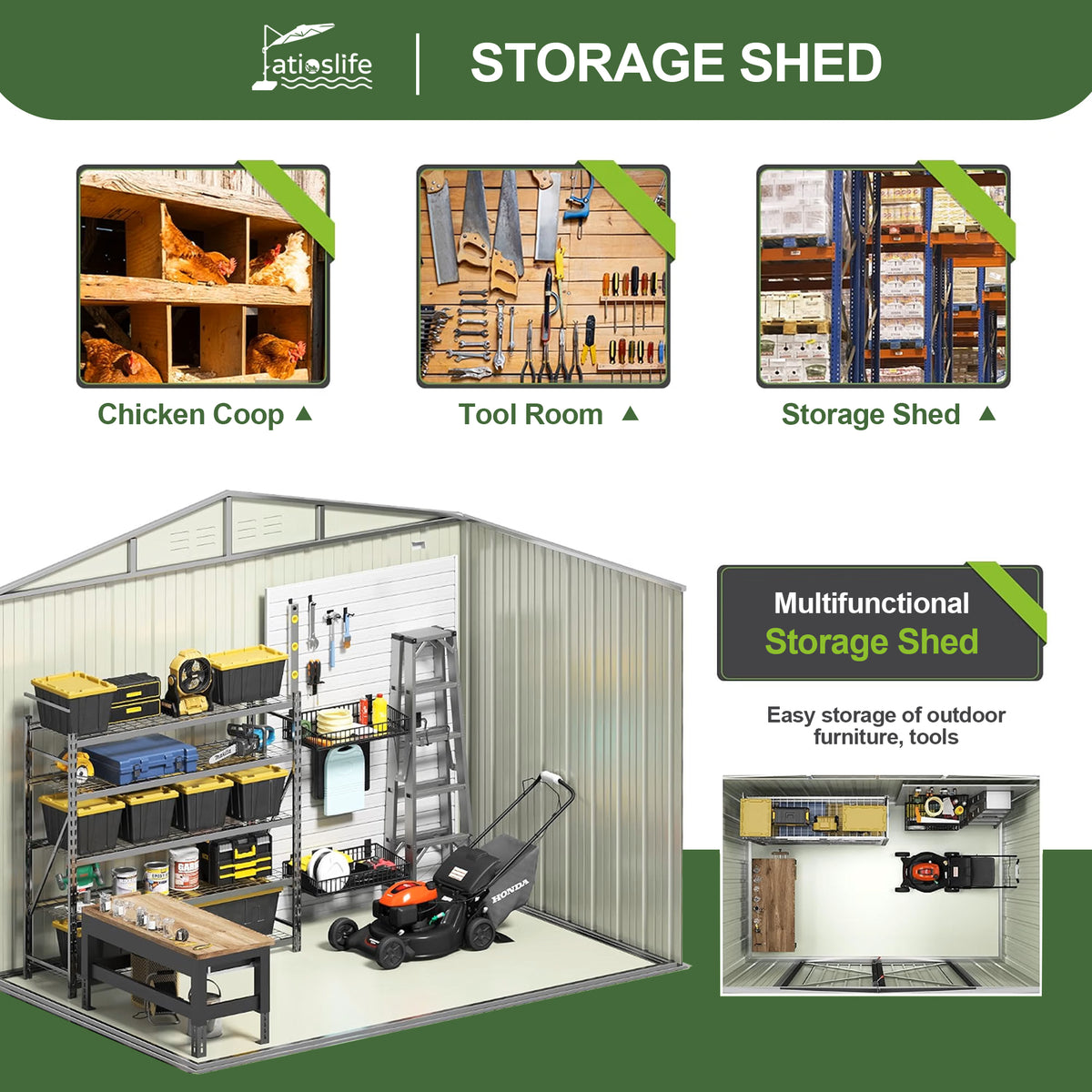 Patioslife Metal Garden Shed – Galvanised Steel Outdoor Storage Shed, All-Weather Backyard Storage Unit