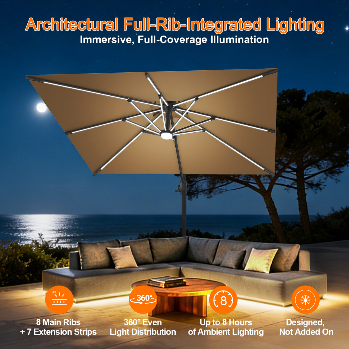 Patioslife Aegis Premium Coastal Series Cantilever Umbrella with Integrated LED Strip Lighting, Fibreglass Ribs & Aluminium Frame — Luxury Shade Built for Australian Outdoors