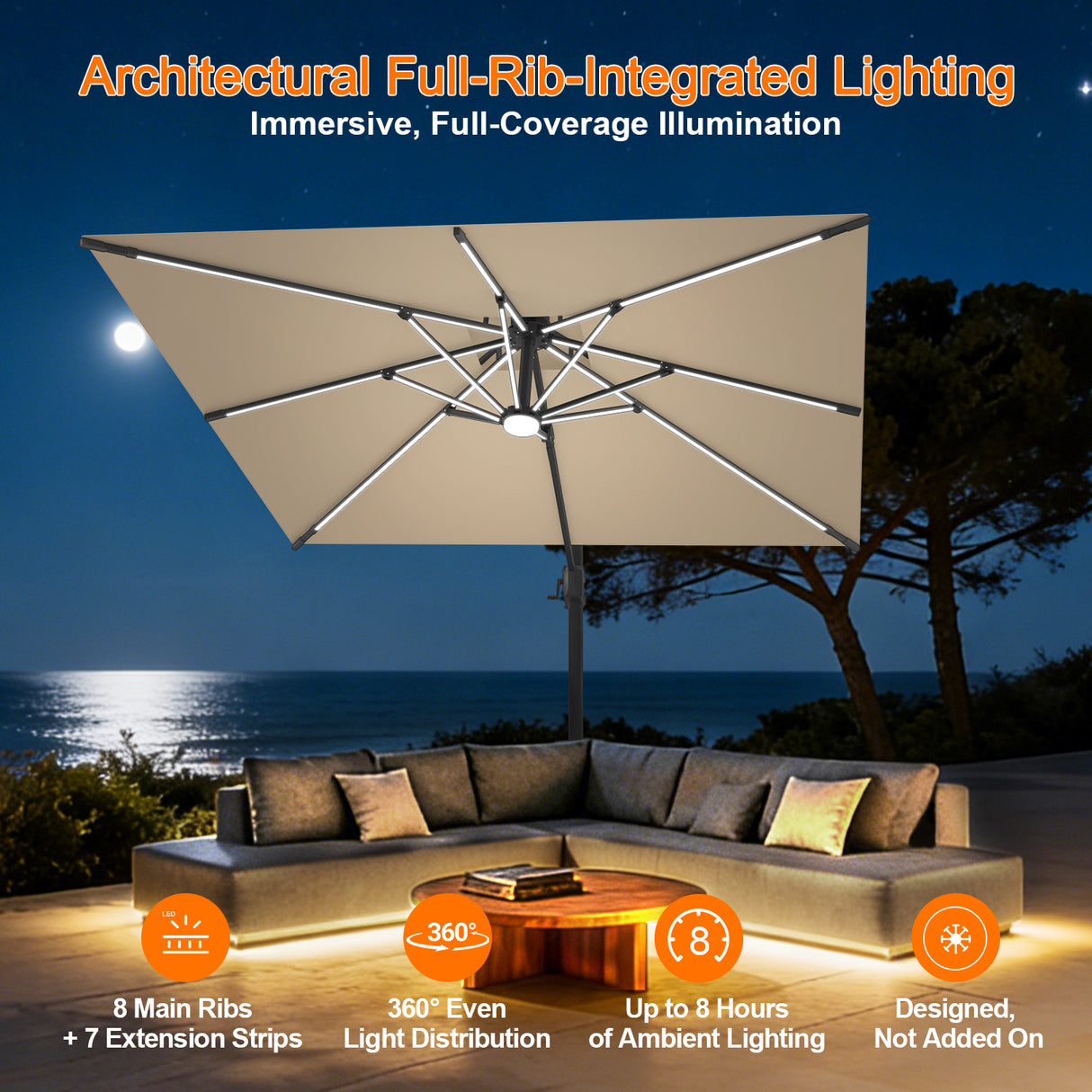 Patioslife Aegis Premium Cantilever Umbrella with Full-Rib LED Strip Lighting, Fibreglass Ribs, Powder-Coated Aluminium Pole— Luxury Garden & Patio Shade