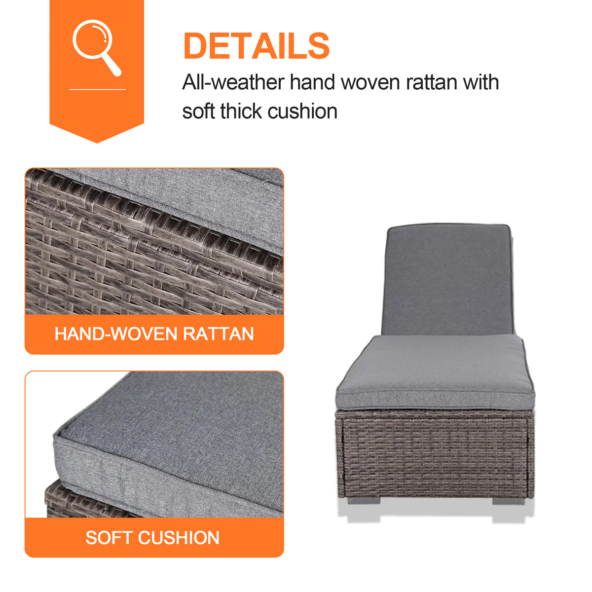Patioslife Rattan Sun Lounger with 5-Level Adjustable Backrest & Side Tray