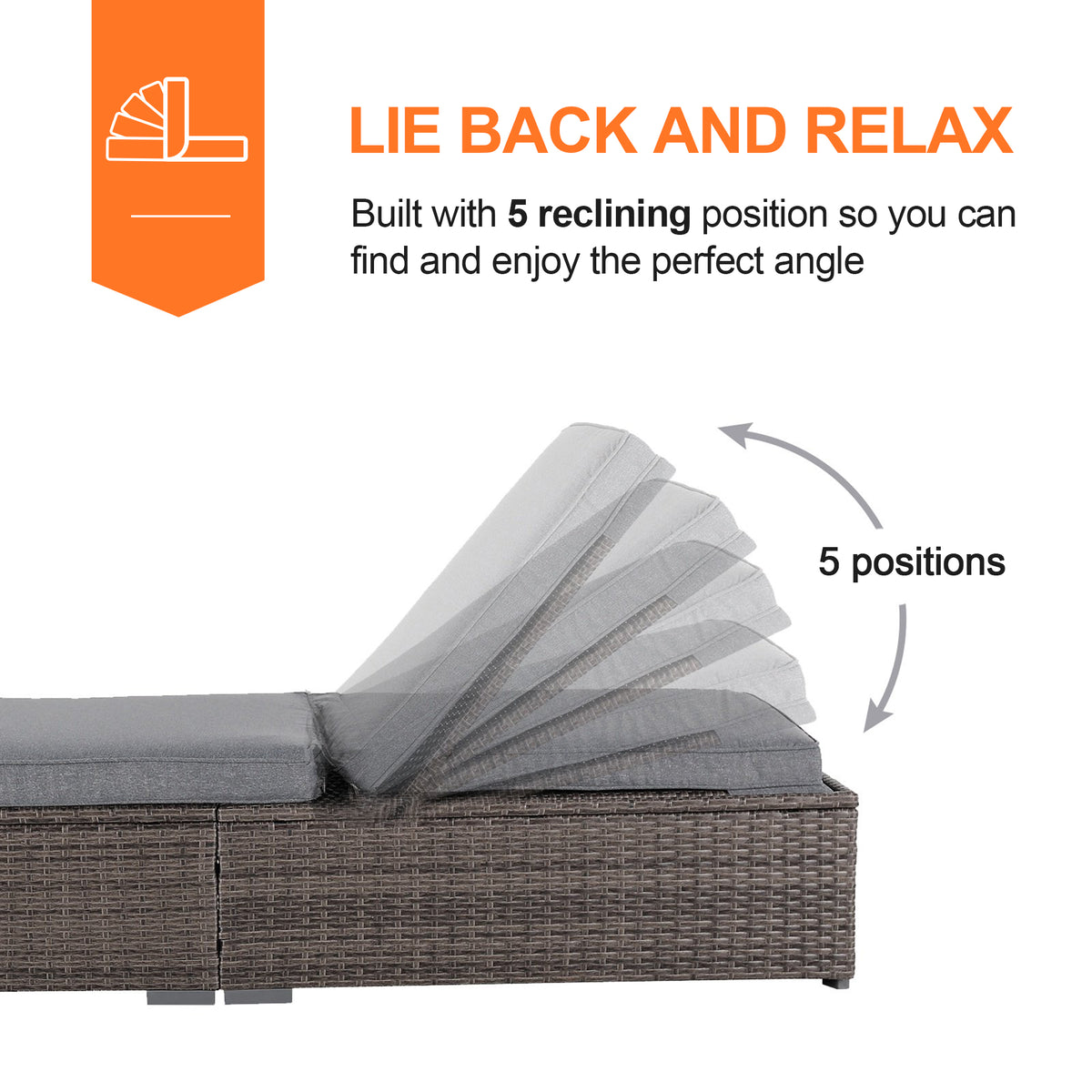 Patioslife Rattan Sun Lounger with 5-Level Adjustable Backrest & Side Tray
