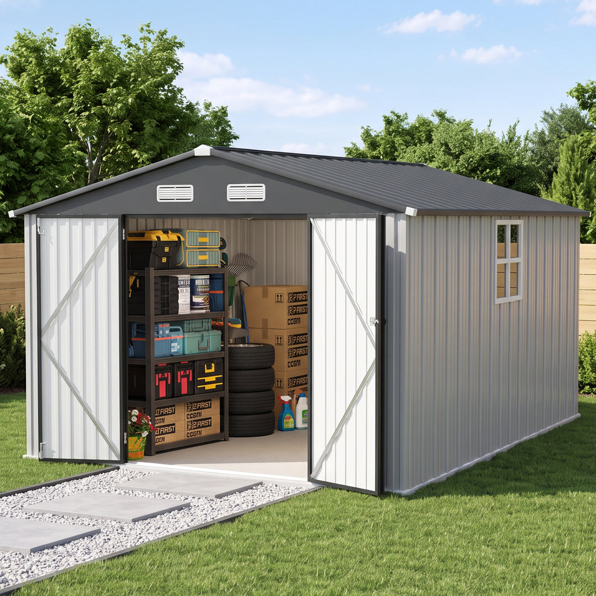 Patioslife YardVault Pro Heavy-Duty Galvanised Steel Garden Shed with Window & Lockable Door, Rust-Resistant Outdoor Tool Shed
