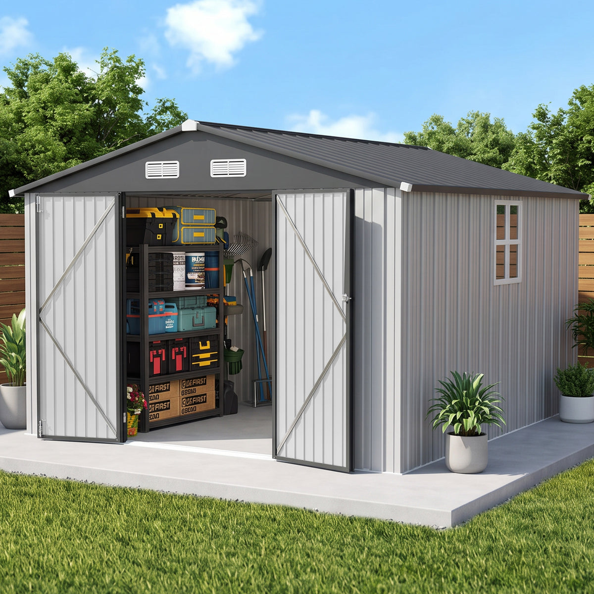 Patioslife YardVault Pro Heavy-Duty Galvanised Steel Garden Shed with Window & Lockable Door, Rust-Resistant Outdoor Tool Shed