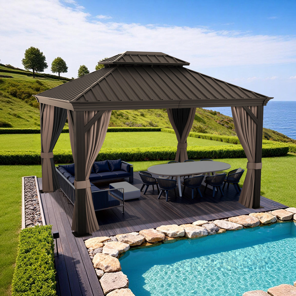 Patioslife 3.0 x 3.65m Luxury Haven Hardtop Gazebo with Drainage Gutters, 120×120mm Aluminum Posts, Double Vented Roof & Curtains for Garden or Backyard