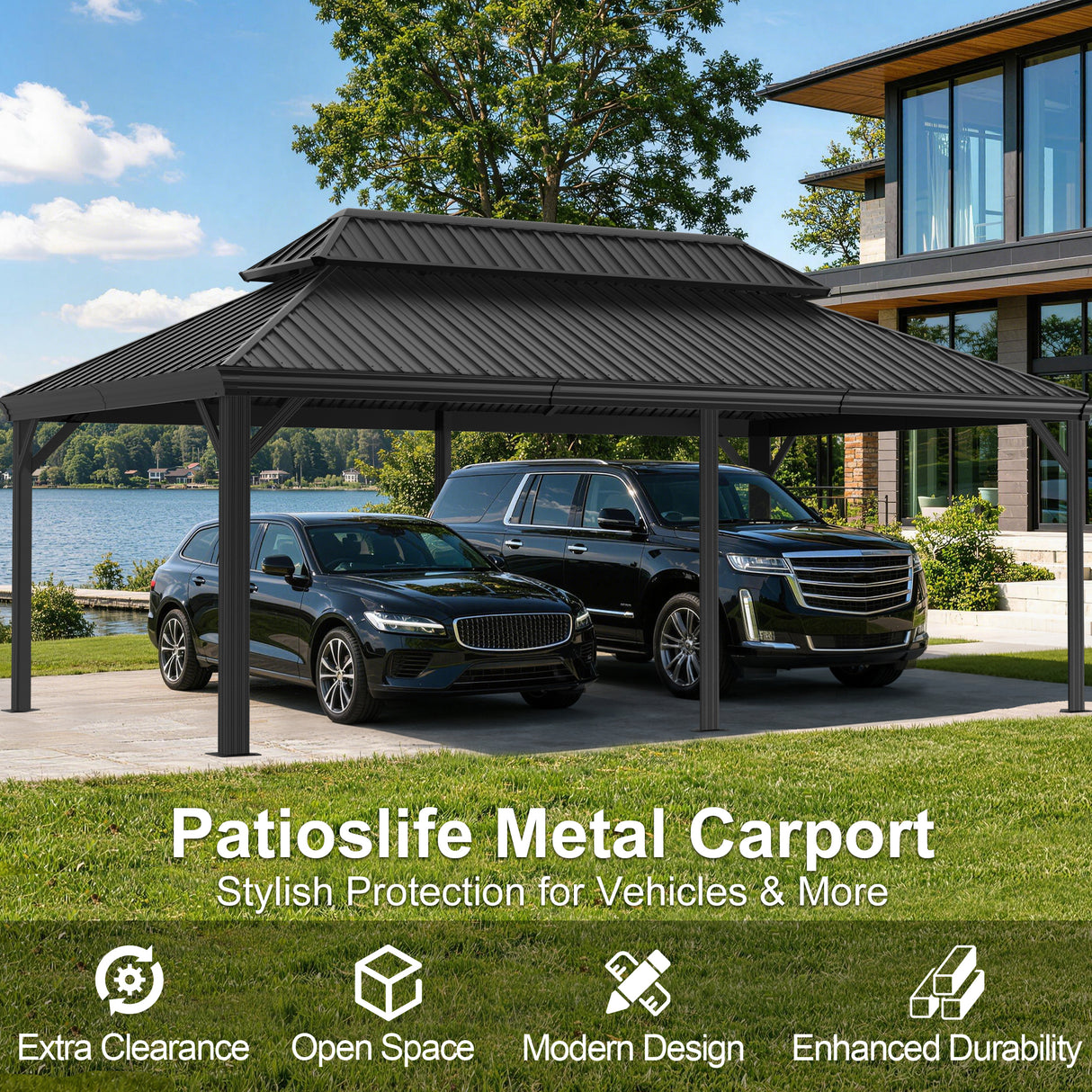 Patioslife Aluminium Carport with Steel Roof – Weatherproof Canopy for Cars, Motorbikes & Campervans