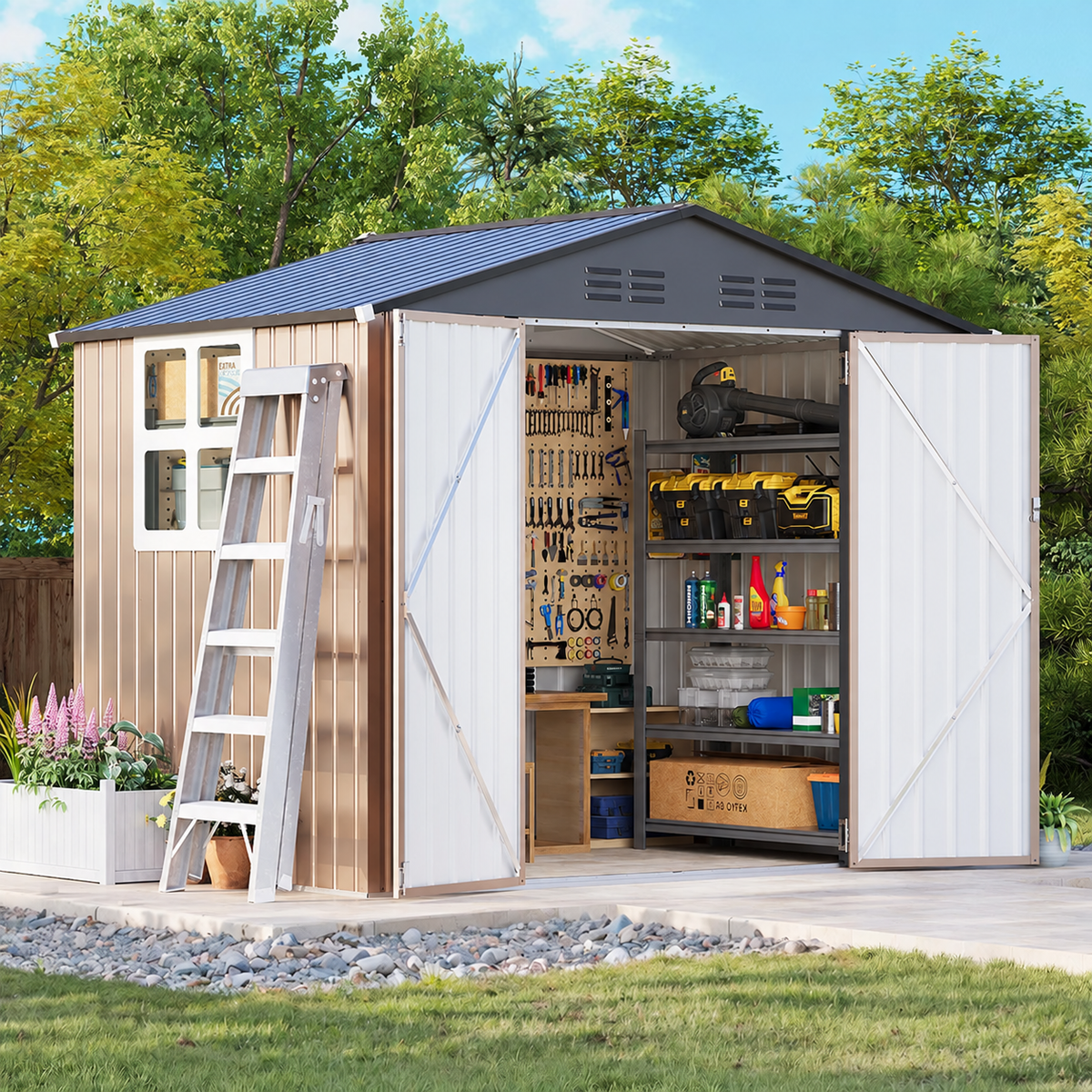 Patioslife Galvanised Steel Gable Roof Metal Garden Shed, Outdoor Storage Shed-All-Weather Backyard Storage Unit for Garden Tools-Patioslife