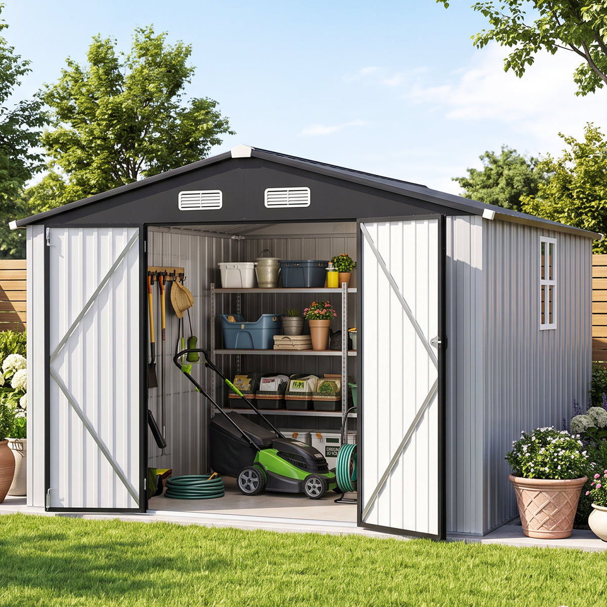 Patioslife YardVault Pro Heavy-Duty Galvanised Steel Garden Shed with Window & Lockable Door, Rust-Resistant Outdoor Tool Shed