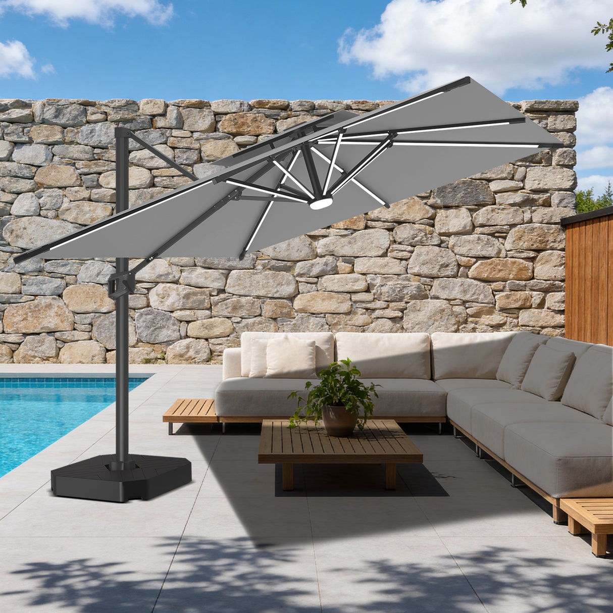Patioslife Aegis Premium Cantilever Umbrella with Full-Rib LED Strip Lighting, Fibreglass Ribs, Powder-Coated Aluminium Pole— Luxury Garden & Patio Shade