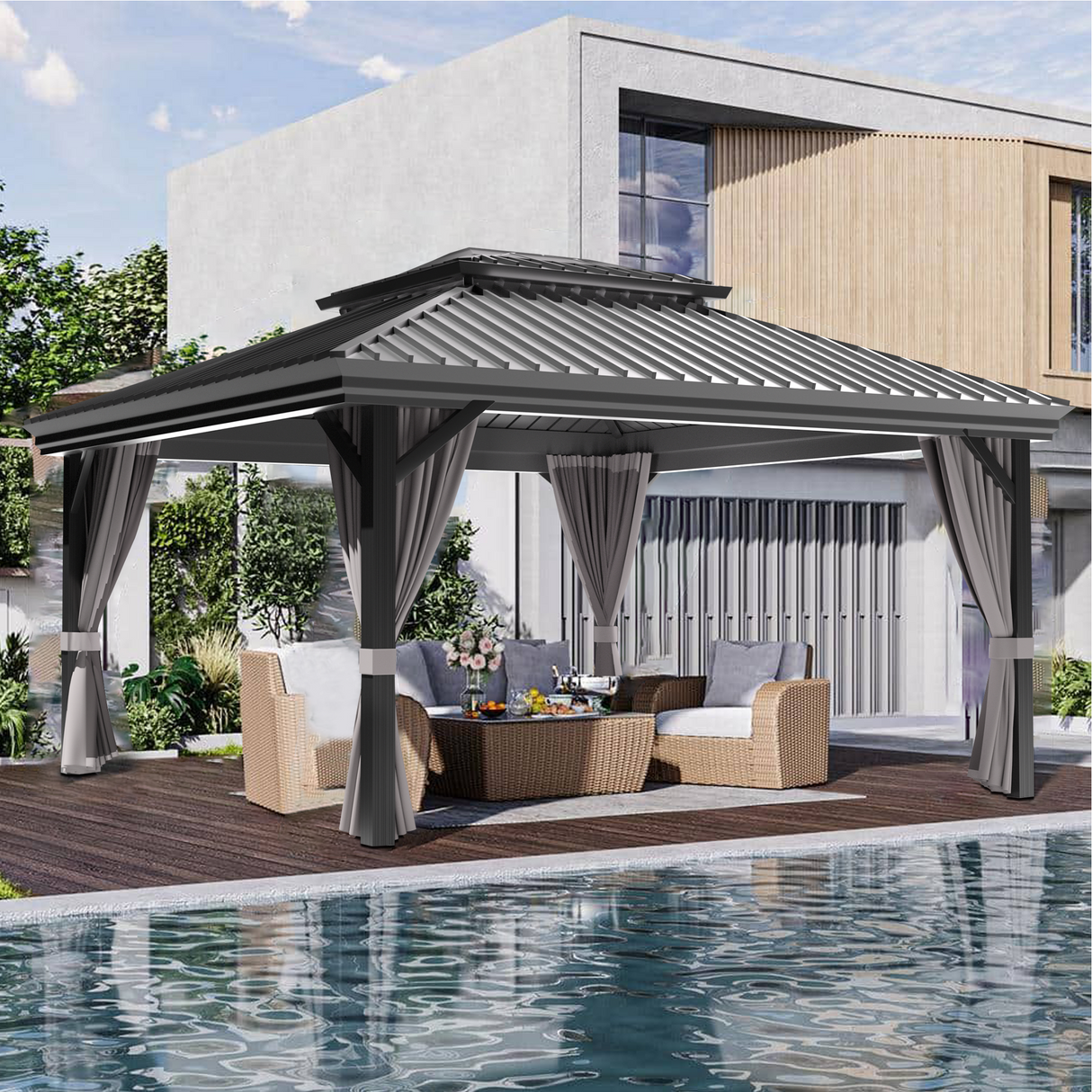 Patioslife™| Hardtop Gazebo with Wood Grain Aluminum Frame, Double Vented Roof & Curtains, Patio Pergola for Garden or Backyard