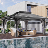 Patioslife™| Hardtop Gazebo with Wood Grain Aluminum Frame, Double Vented Roof & Curtains, Patio Pergola for Garden or Backyard