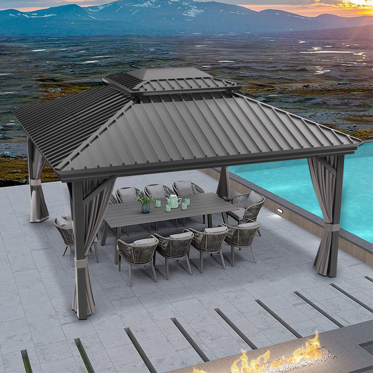Patioslife™| Hardtop Gazebo with Wood Grain Aluminum Frame, Double Vented Roof & Curtains, Patio Pergola for Garden or Backyard