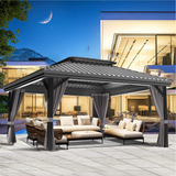 Patioslife™| Hardtop Gazebo with Wood Grain Aluminum Frame, Double Vented Roof & Curtains, Patio Pergola for Garden or Backyard