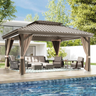 Patioslife™| Hardtop Gazebo with Wood Grain Aluminum Frame, Double Vented Roof & Curtains, Patio Pergola for Garden or Backyard